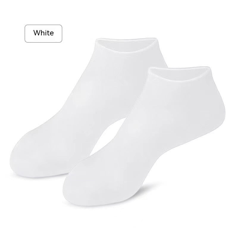 White gel moisturizing silicone socks for cracked heels, ideal for indoor use to hydrate feet and improve lotion absorption.
